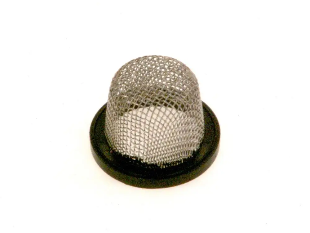 BOSCH Filter aus Metallgewebe mit schwarzem Kunststoffsockel, konisch geformt. Geeignet zum Abfangen von Schmutzpartikeln in verschiedenen Anwendungen.